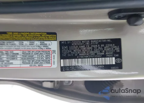 2007 Toyota Camry Le z USA, uszkodzony, nr VIN 4T1BE46K27U117457